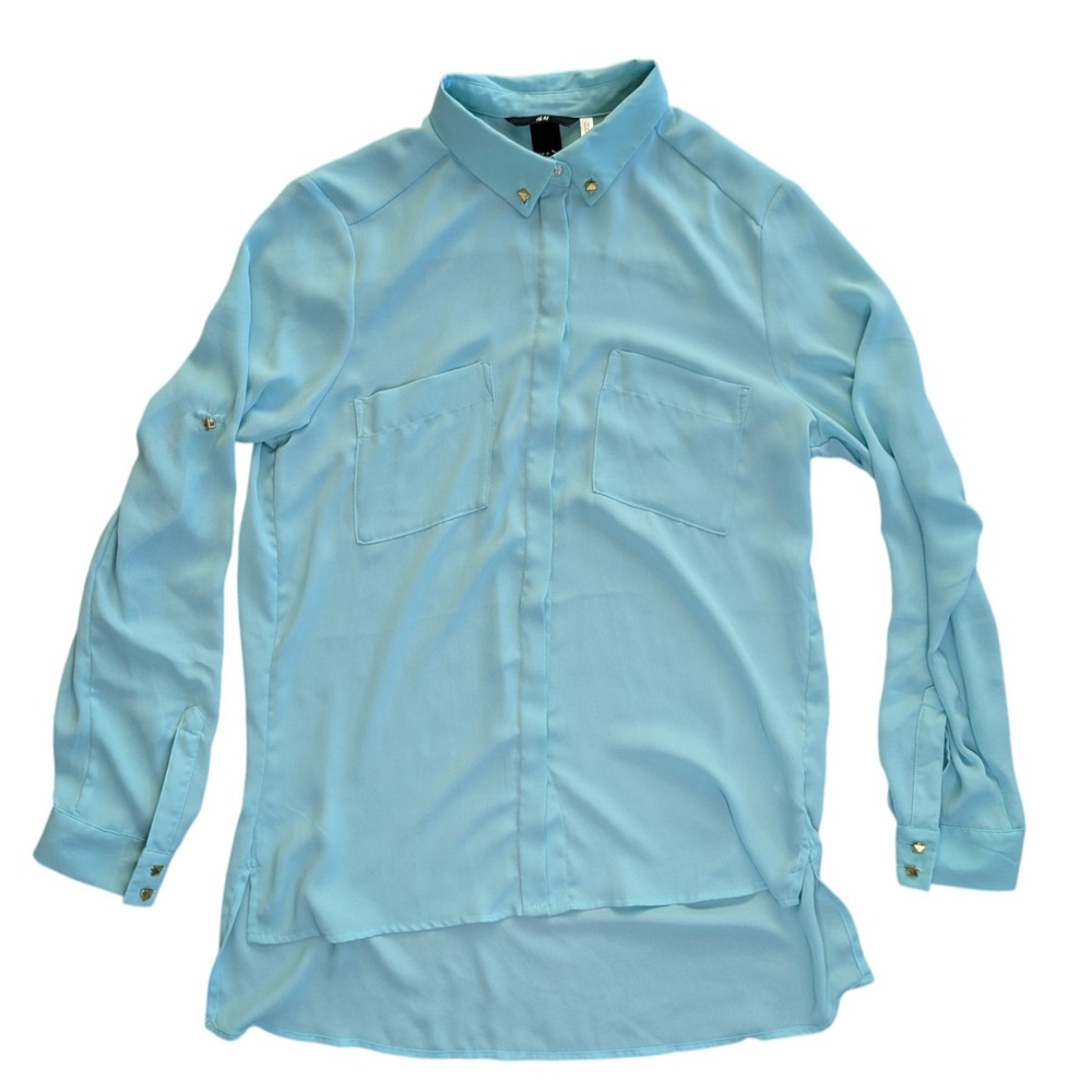 H&M Turquoise Sheer Long Sleeve Button Up Shirt Top Womens Size 6‎